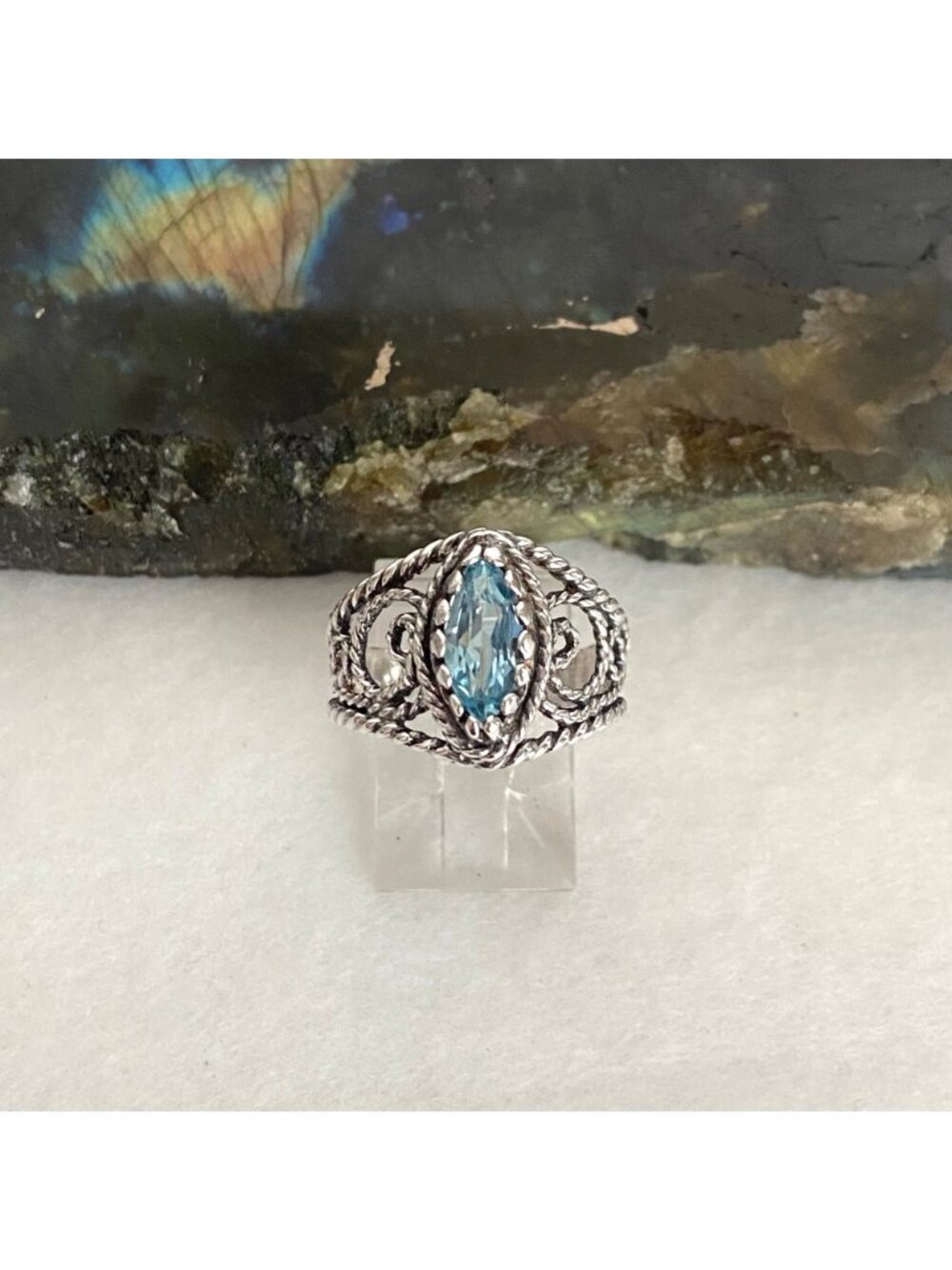 Dakota West Sterling Silver 925 Marquise Blue Topaz Filigree Band Ring Sz 6.75